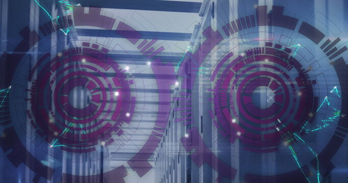 Image of loading circles, connected dots forming triangles over data server room