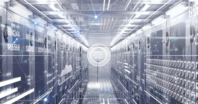 Image of connected dots, loading bars, circles, squares, graphs over server room