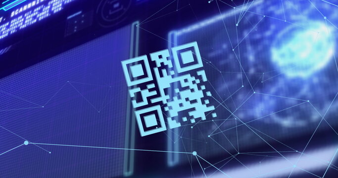 Image of looping qr codes, connected dots with globe, computer language over abstract background