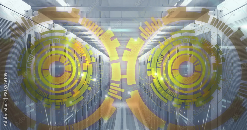 Poster image of loading circles over bars on data server racks in server room