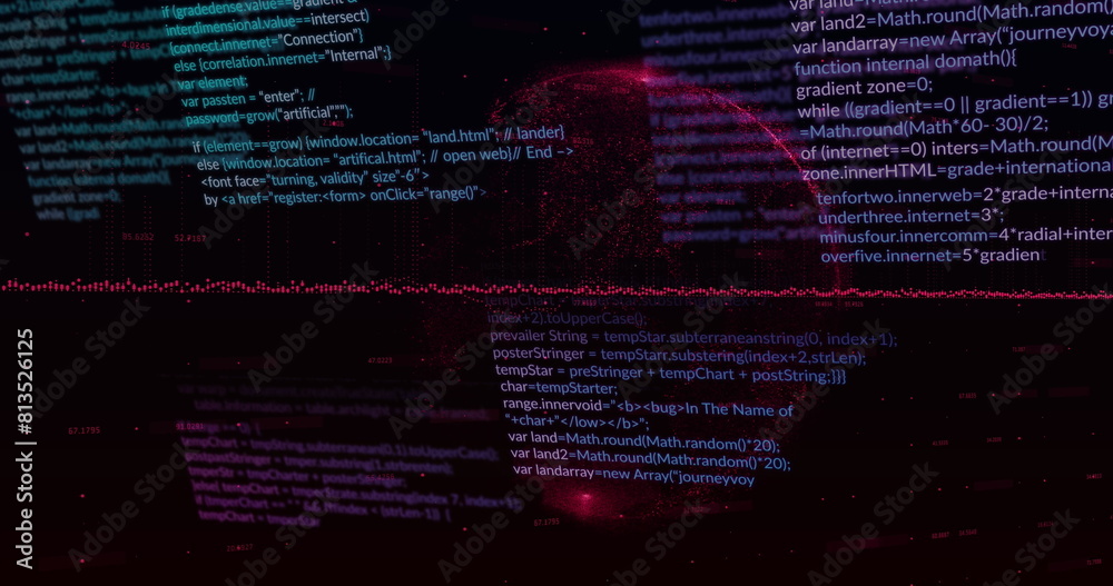 Poster image of computer language, graphs, globe and changing numbers over black background