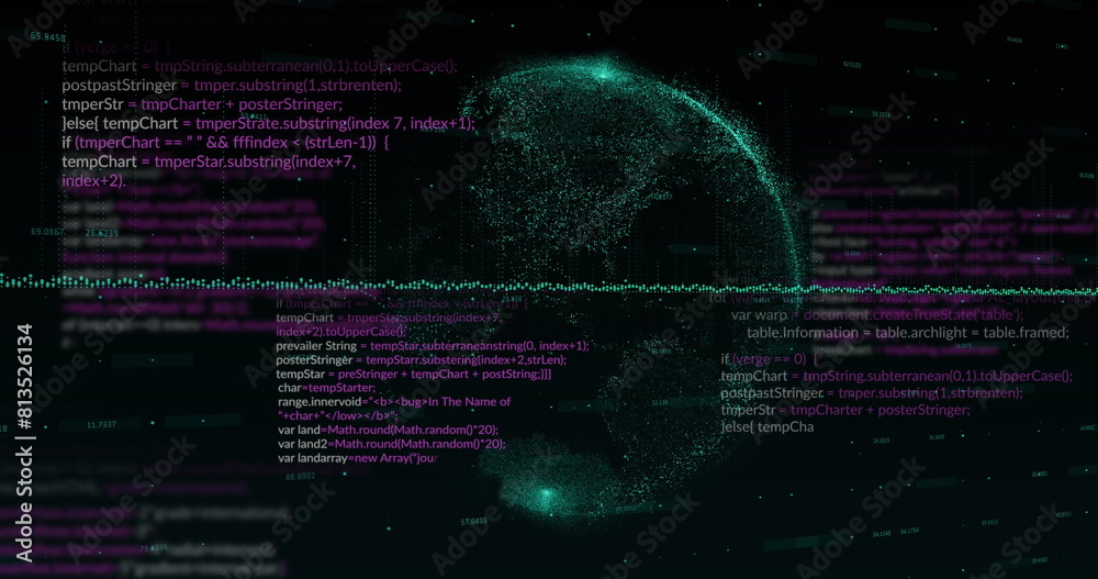 Poster image of computer language, graphs, globe and changing numbers over black background