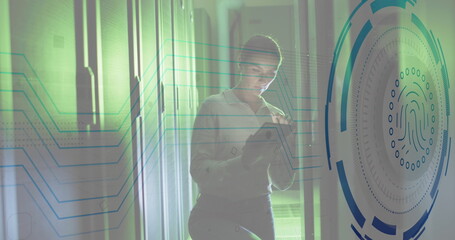 Image of fingerprint over caucasian female engineer using digital tablet in server room