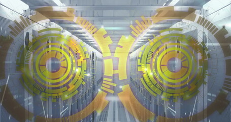 Image of loading circles over bars on data server racks in server room