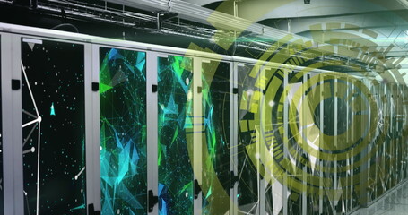Image of loading circles over connected dots and globe over data server racks in server room