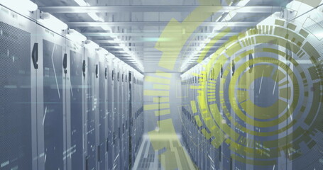 Image of loading circles over bars on data server systems in server room