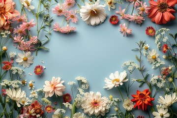 A colorful bouquet of flowers is arranged in a circle on a blue background