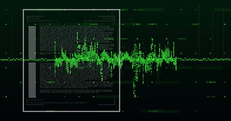 Image of graphs, loading bars, data and changing numbers over black background