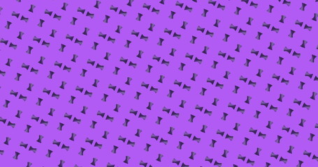 Purple background shows many small black birds flying various ways