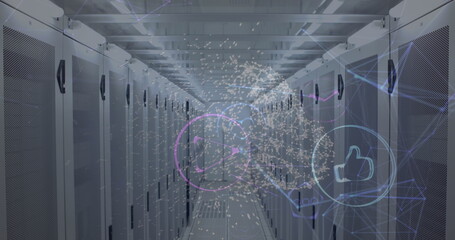 Server racks lining corridor, digital data flowing with icons