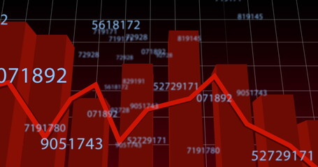 Red graph line showing decline among numbers on dark background