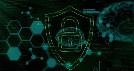 Digital shield glowing on screen, showing cybersecurity