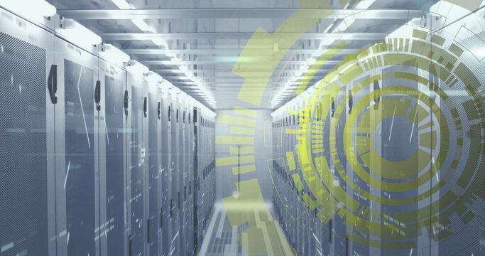 Image of loading circles over bars on data server systems in server room - Powered by Adobe