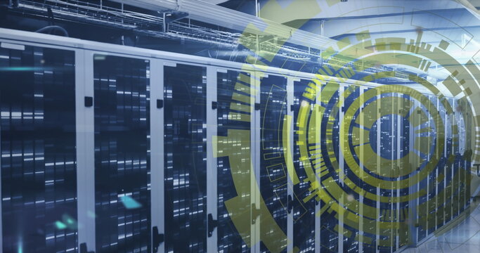 Image of loading circles over bars on data server systems in server room - Powered by Adobe