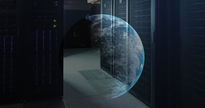 Image of globe rotating over data server racks