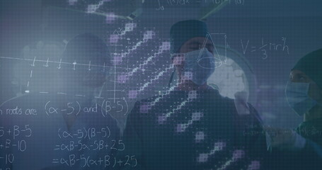Image of rotating dna over caucasian female and male surgeons in face masks during operation