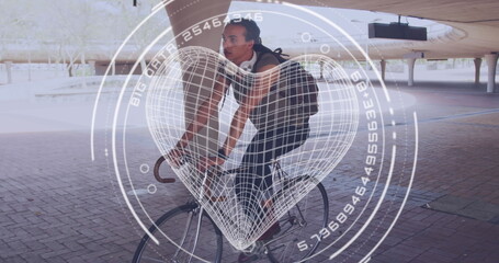 Image of heart and data over biracial male cyclist on bike