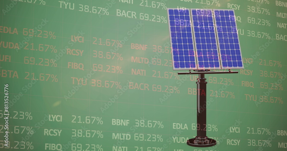 Canvas Prints Image of stock market data processing over solar panel against green background