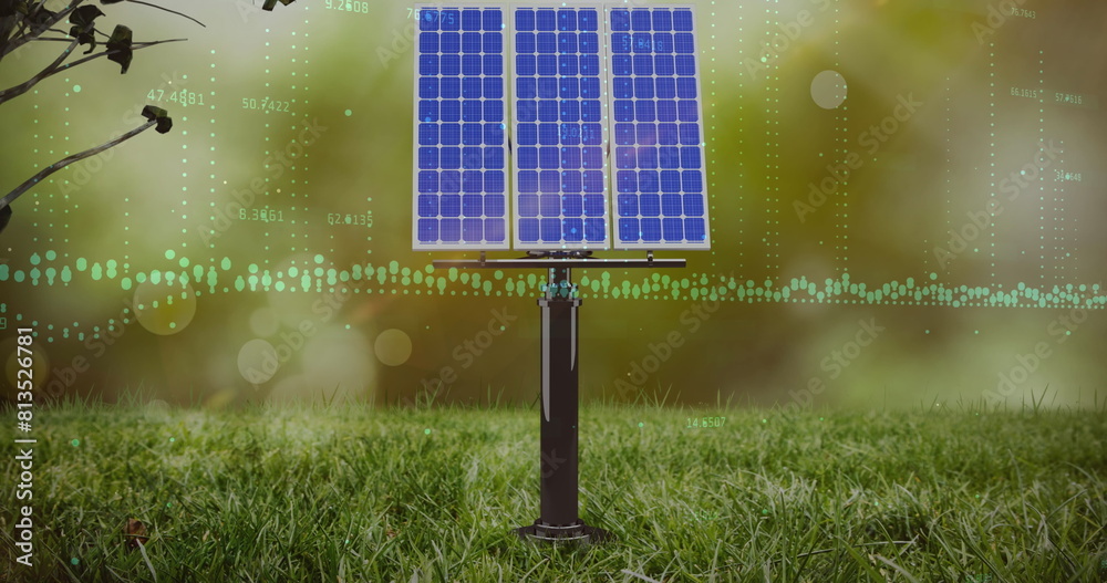 Sticker Image of data processing over solar panel on grass against spots of light