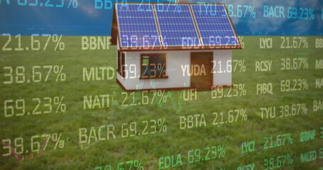 Image of financial data processing over cardboard boxes on conveyor belt in warehouse