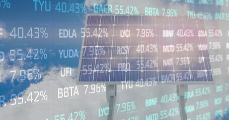 Image of stock market data processing over solar panel against blue sky
