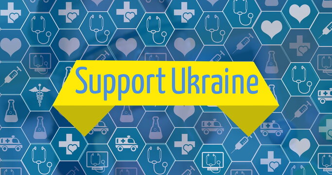 Image of support ukraine over hexagons with icons - Powered by Adobe