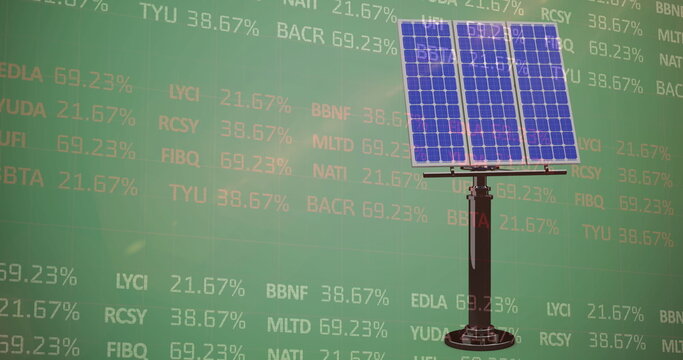 Image of stock market data processing over solar panel against green background
