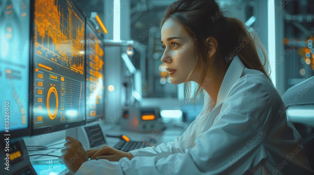 Poster a professional woman working intently at her desk with a vintage computer displaying graphs, surroun