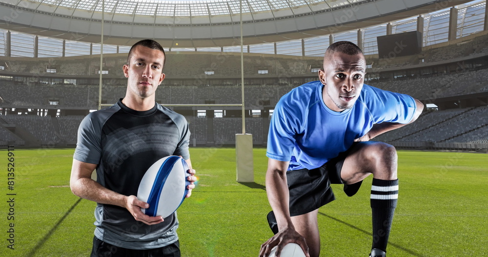 Sticker Image of diverse male rugby players over stadium