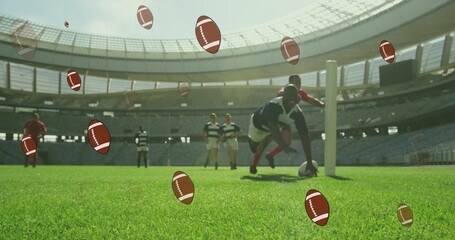 Image of diverse male rugby players playing over rugby balls at stadium