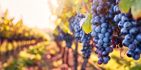 Closeup of red grapes growing in a sunny vineyard