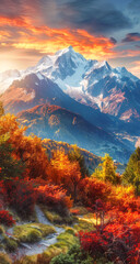 Spectacular nature scenery in autumn with colourful trees and magnificent snowy mountain range in the background, seasonal mobile wallpaper