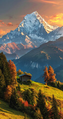 Breathtaking landscape with snowy mountain peaks and sunlit grassland with a lonely house and autumn coloured trees at warm sunset light.