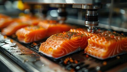 Showcase the robotic arm in action, gracefully slicing through fresh fish with impeccable precision.