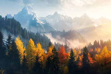 Breathtaking autumn landscape in the wild nature with high snowy mountain peaks and forests with misty clouds, light coming from the rising sun.
