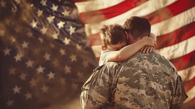 USA holiday background. Soldier hugging his kid on background with flag of United States of America.