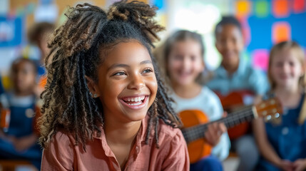 Elementary school teacher and children laughing together during a guitar lesson in a vibrant classroom.  negative space