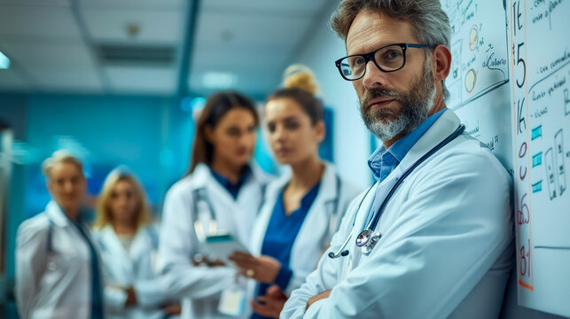 Medical team in a hospital meeting room discussing patient treatment strategies with a whiteboard.