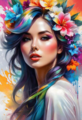 A female portrait with flowers, vibrant colors with a semi-realistic approach combined with abstract splashes.