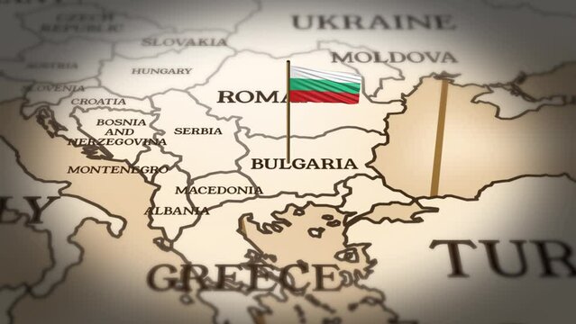 Bulgaria flag showing on world map with 3d rendering
