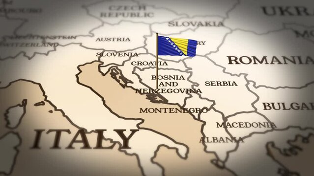 Bosnia and Herzegovina flag showing on world map with 3d rendering