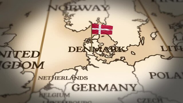 Denmark flag showing on world map with 3d rendering