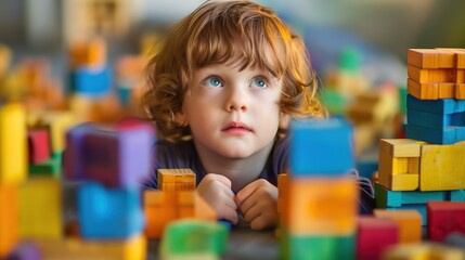 A young child engrossed in imaginative play with a set of colorful wooden blocks