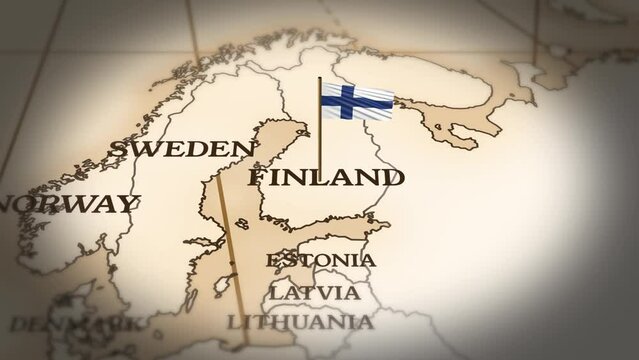 Finland flag showing on world map with 3d rendering