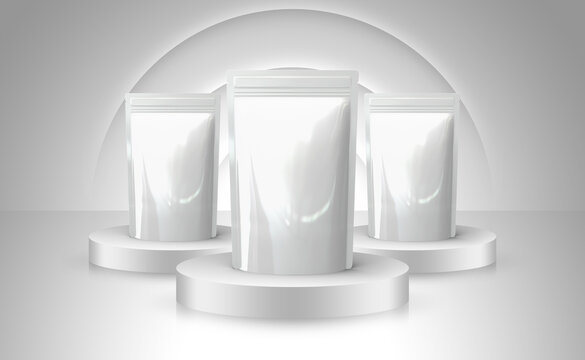 3D illustration of food pouch packaging mockup with embossed background.