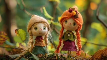 A girl friend doll is standing in the forest. Their clothes come in many colors. Toys made from fur using bleaching technology fairy tale characters