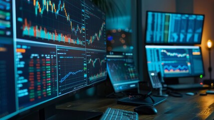 A sophisticated trading setup showing multiple computer screens displaying various stock market charts and data