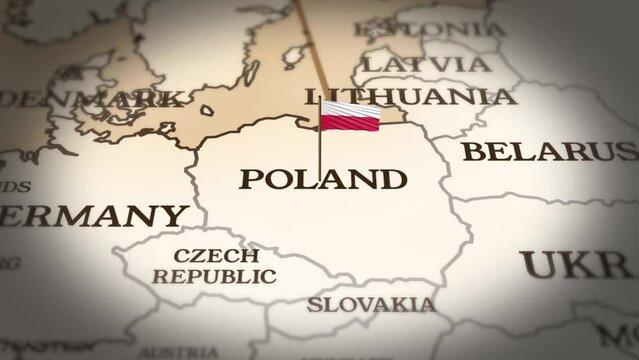 Poland flag showing on world map with 3d rendering