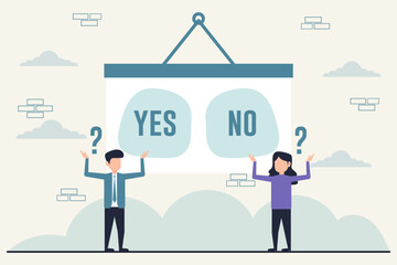 Businessman and businesswoman stand in front of the whiteboard with the text yes no. Flat design vector illustration