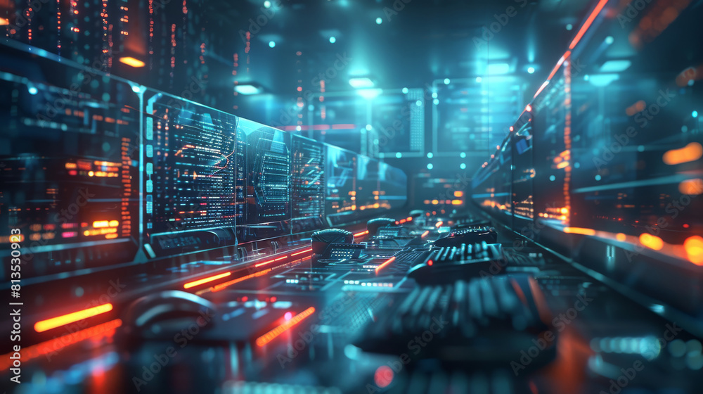 Aufkleber a futuristic tech blurry background with colors blue and turquoise neon colors. computers, phones, t
